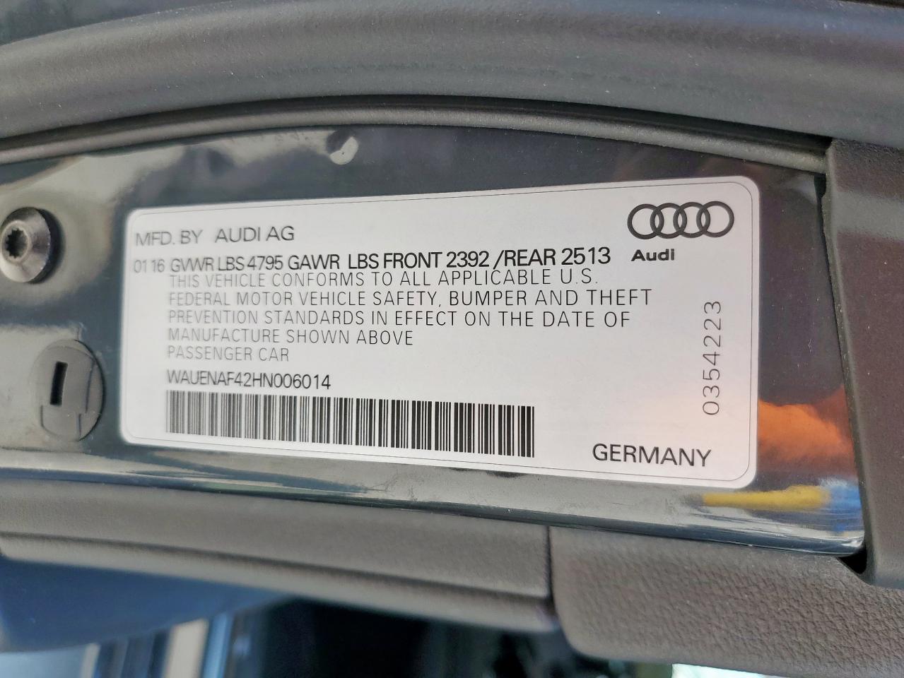 2017 Audi A4 Premium Plus VIN: WAUENAF42HN006014 Lot: 82194375