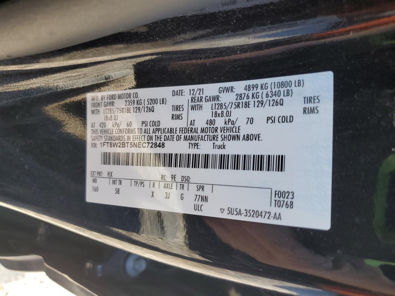 2022 Ford F250 Super Duty VIN: 1FT8W2BT5NEC72848 Lot: 81968475