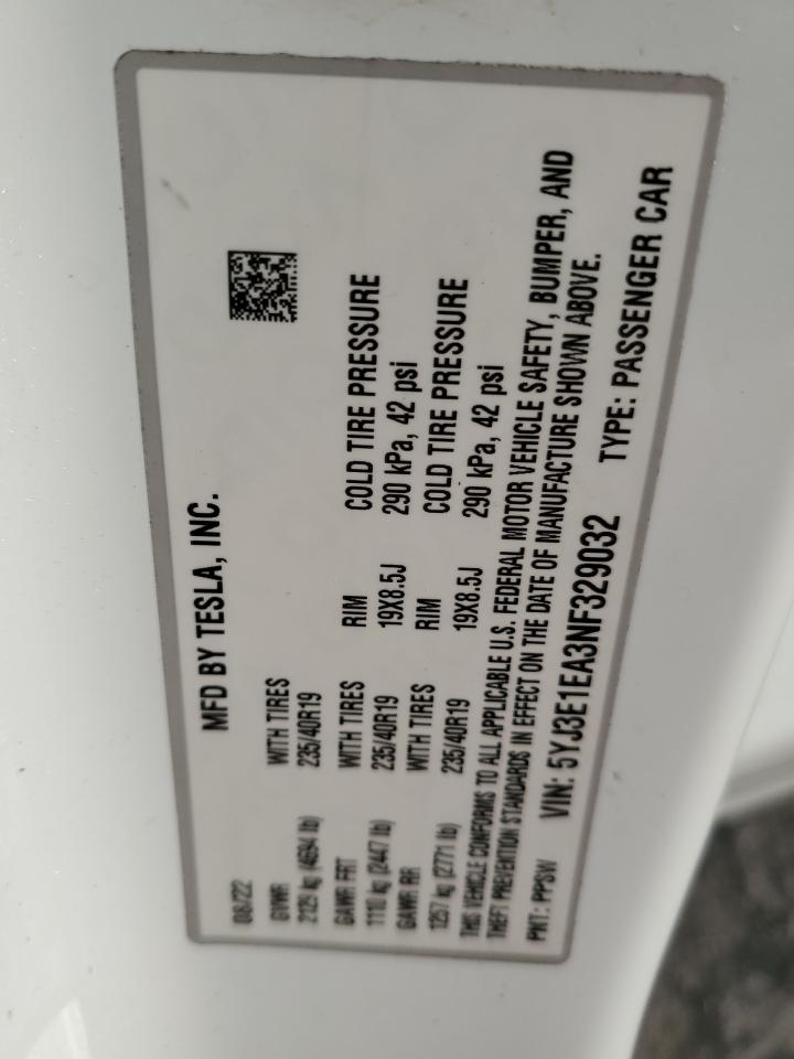 2022 Tesla Model 3 VIN: 5YJ3E1EA3NF329032 Lot: 90727345
