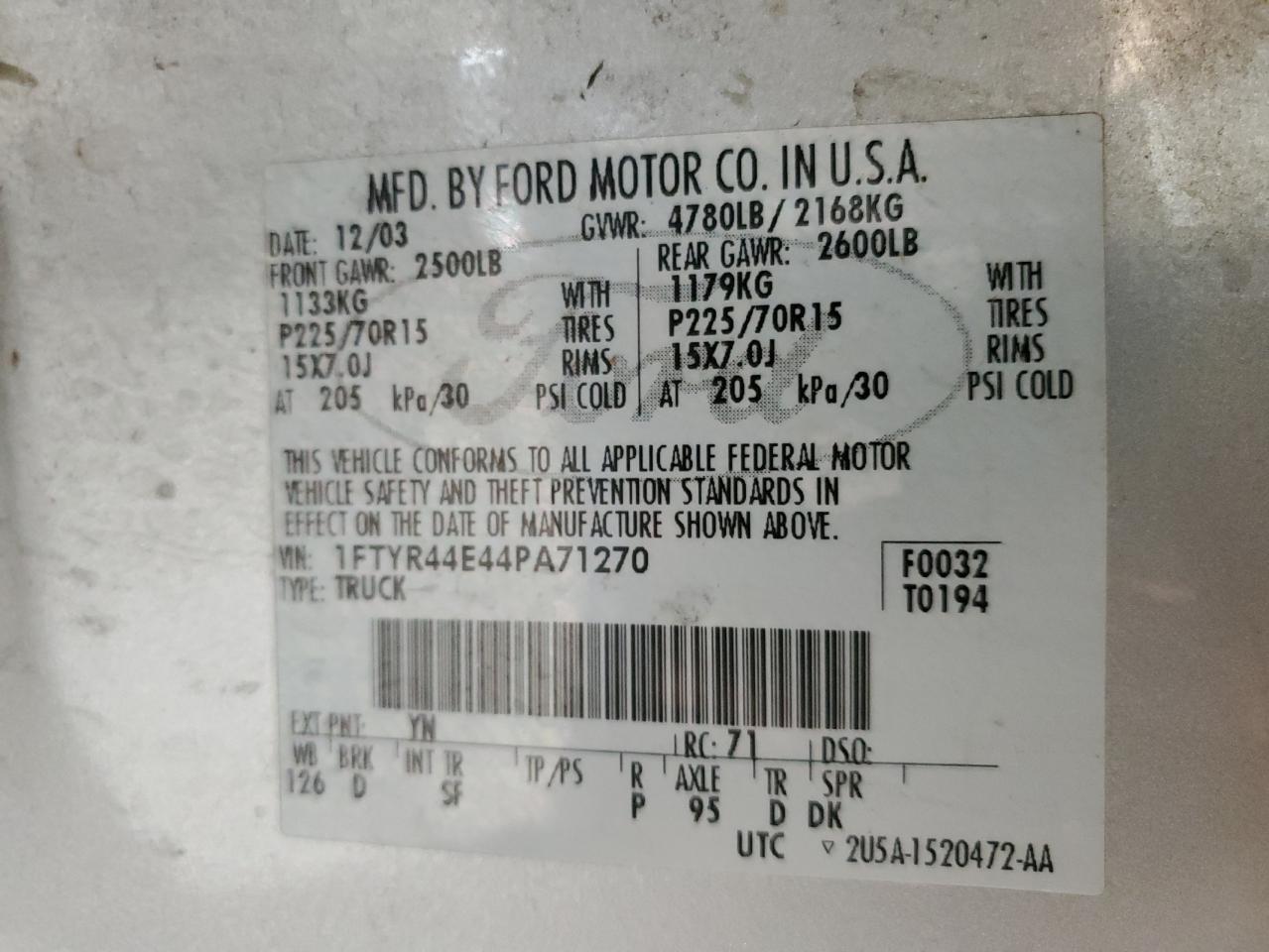 2004 Ford Ranger Super Cab VIN: 1FTYR44E44PA71270 Lot: 86594335