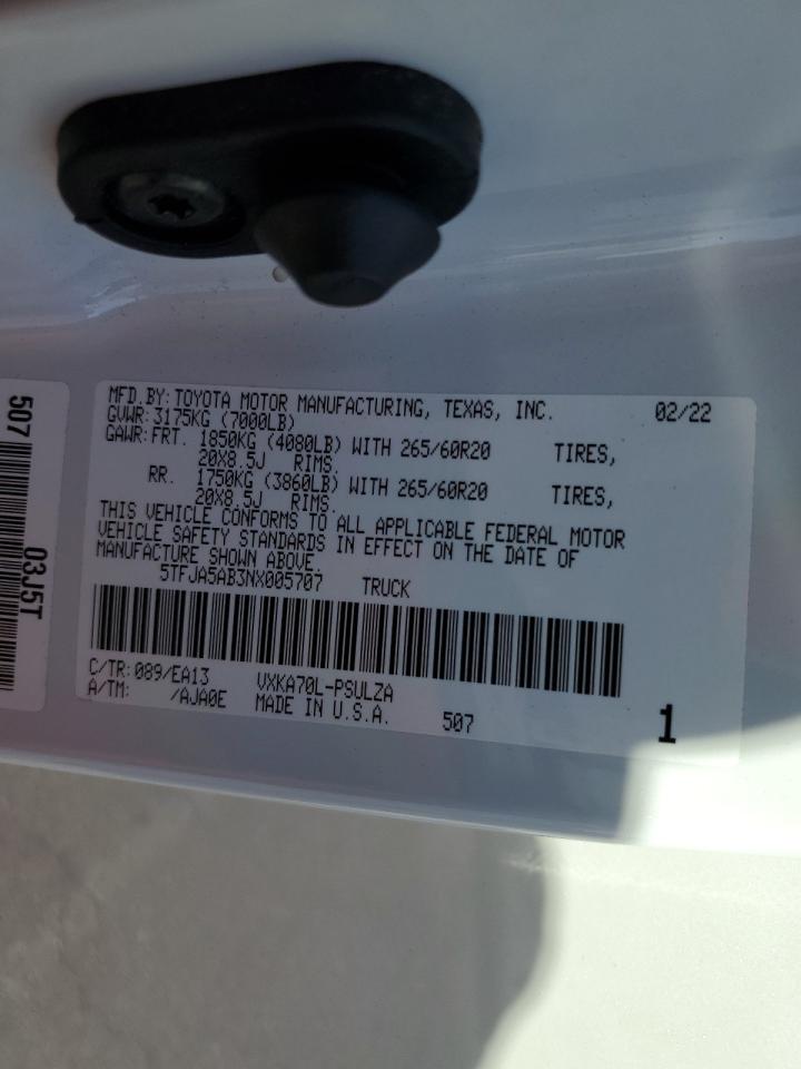 2022 Toyota Tundra Crewmax Limited VIN: 5TFJA5AB3NX005707 Lot: 85727815