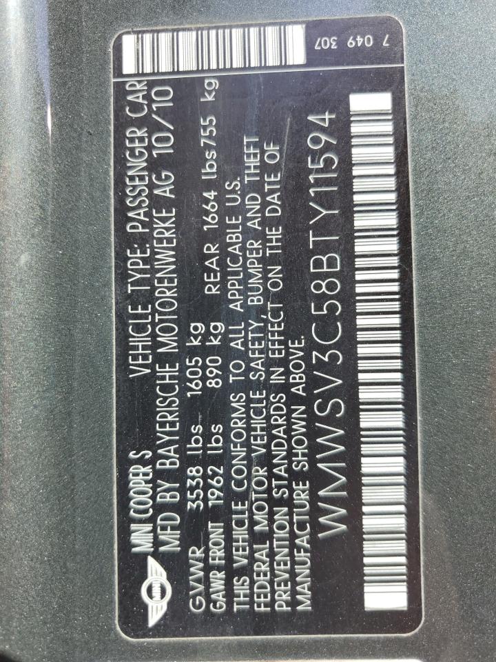 2011 Mini Cooper S VIN: WMWSV3C58BTY11594 Lot: 82583025