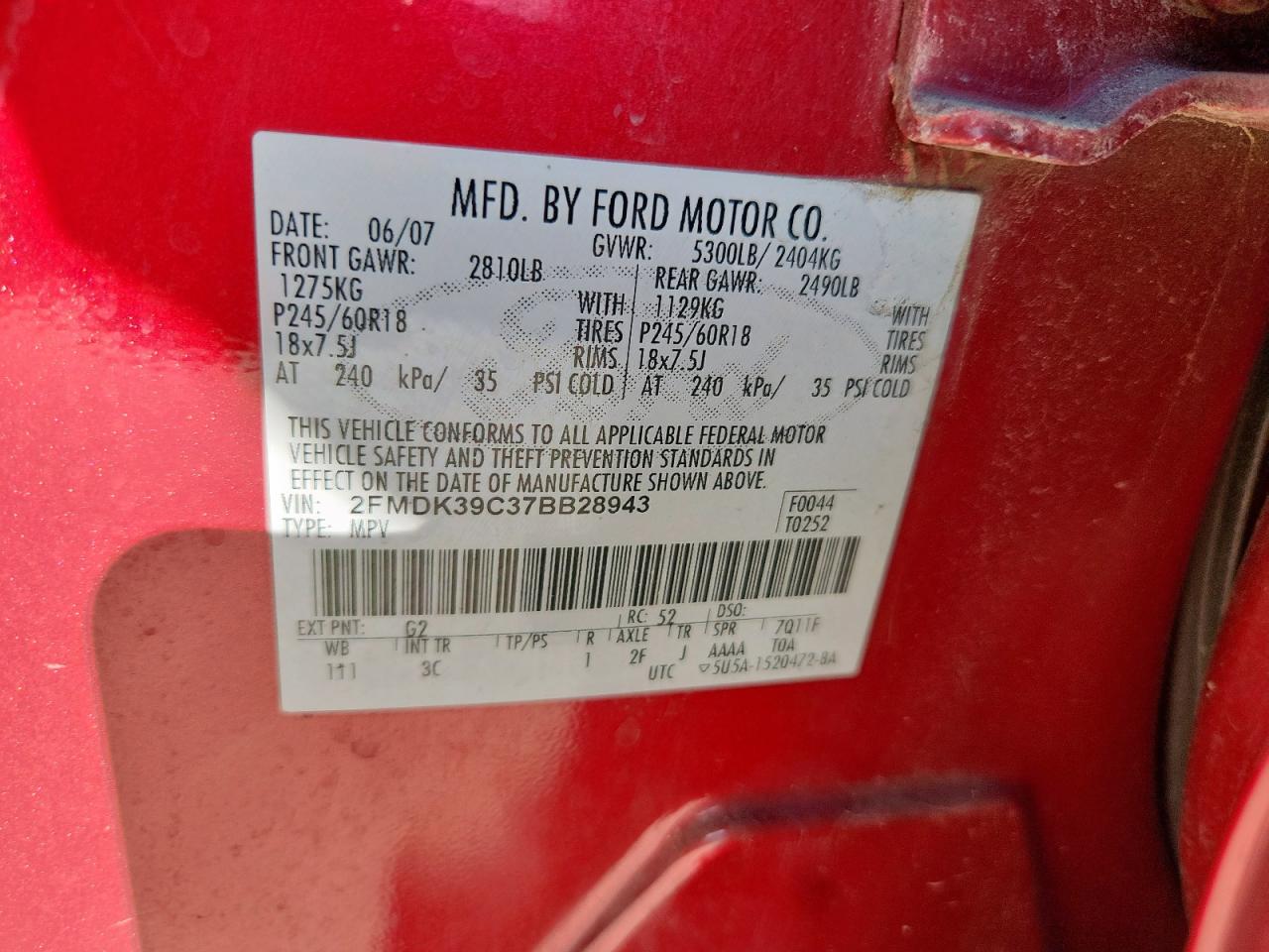 2007 Ford Edge Sel Plus VIN: 2FMDK39C37BB28943 Lot: 84211325