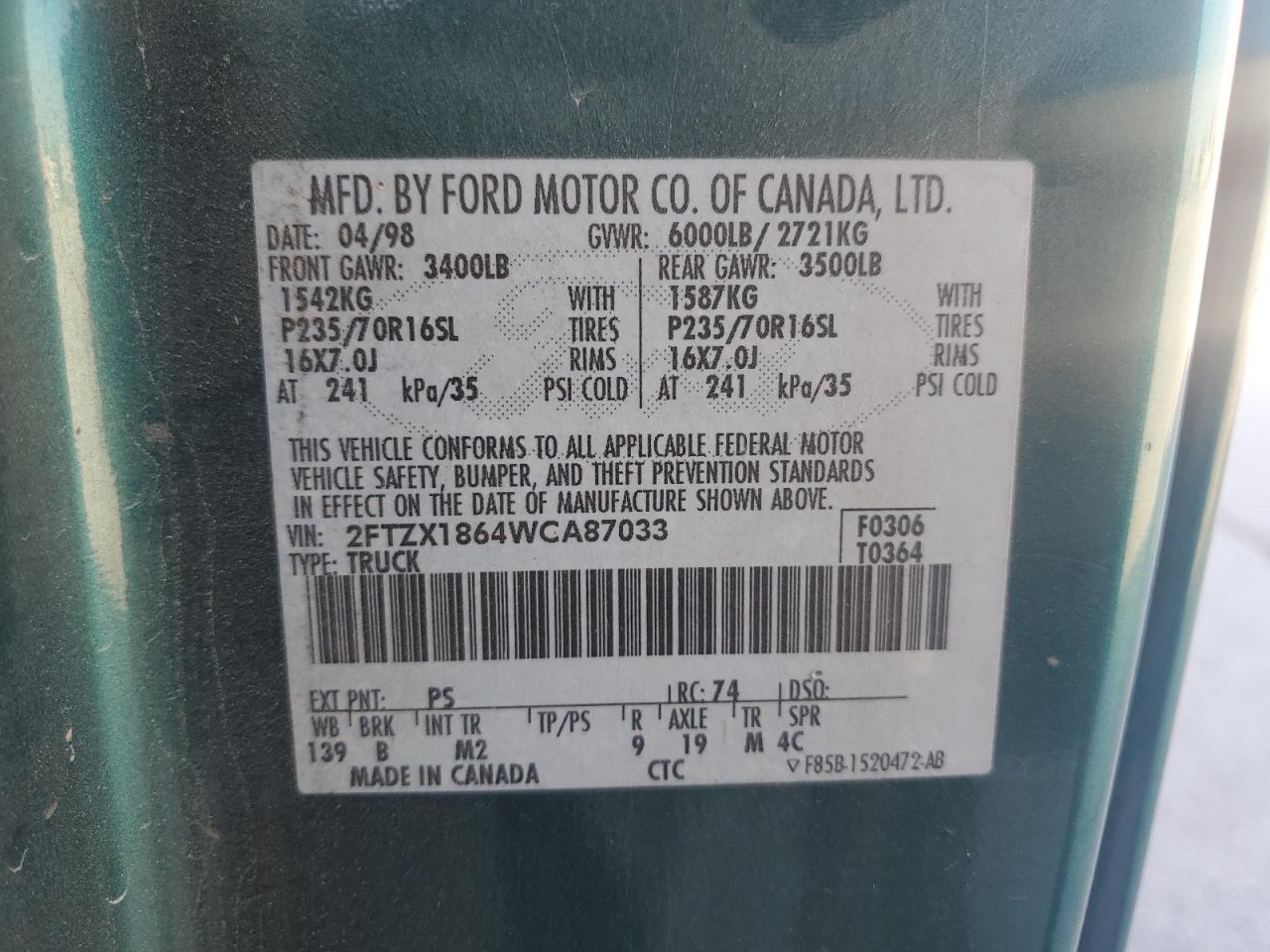 1998 Ford F150 VIN: 2FTZX1864WCA87033 Lot: 86407055