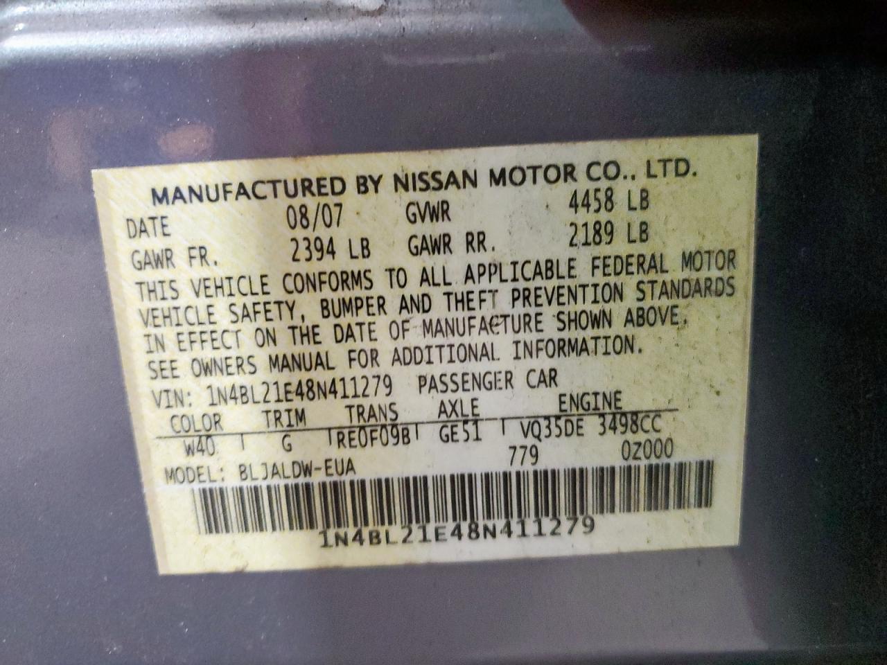 2008 Nissan Altima 3.5Se VIN: 1N4BL21E48N411279 Lot: 82304445