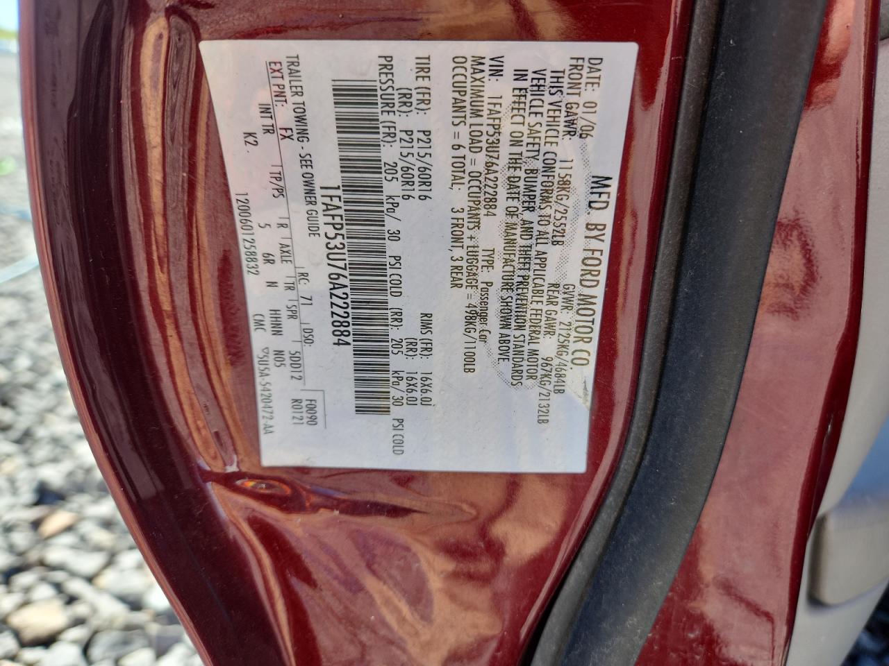 2006 Ford Taurus Se VIN: 1FAFP53U76A222884 Lot: 86098655