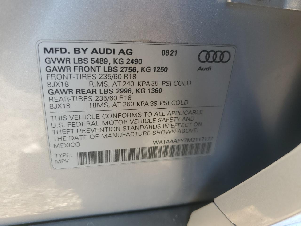 2021 Audi Q5 Premium VIN: WA1AAAFY7M2117177 Lot: 85333865