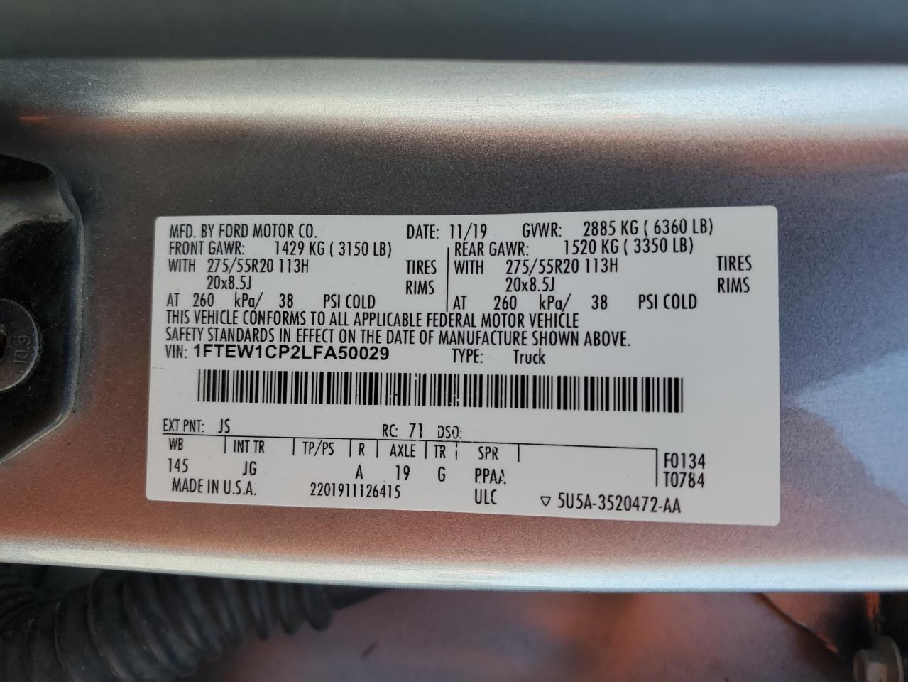 2020 Ford F150 Supercrew VIN: 1FTEW1CP2LFA50029 Lot: 90531655