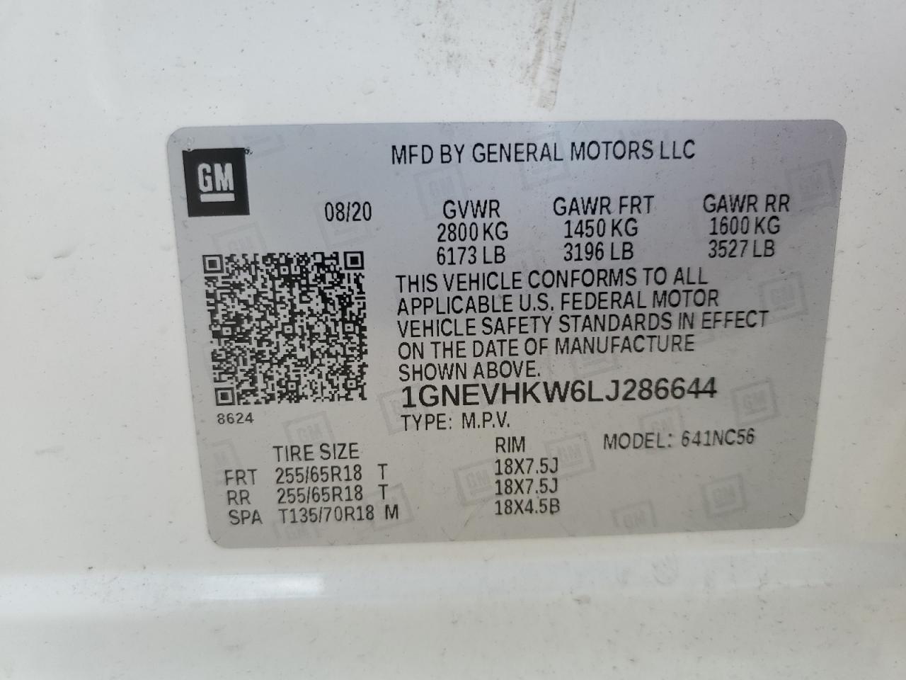 2020 Chevrolet Traverse Lt VIN: 1GNEVHKW6LJ286644 Lot: 83984255