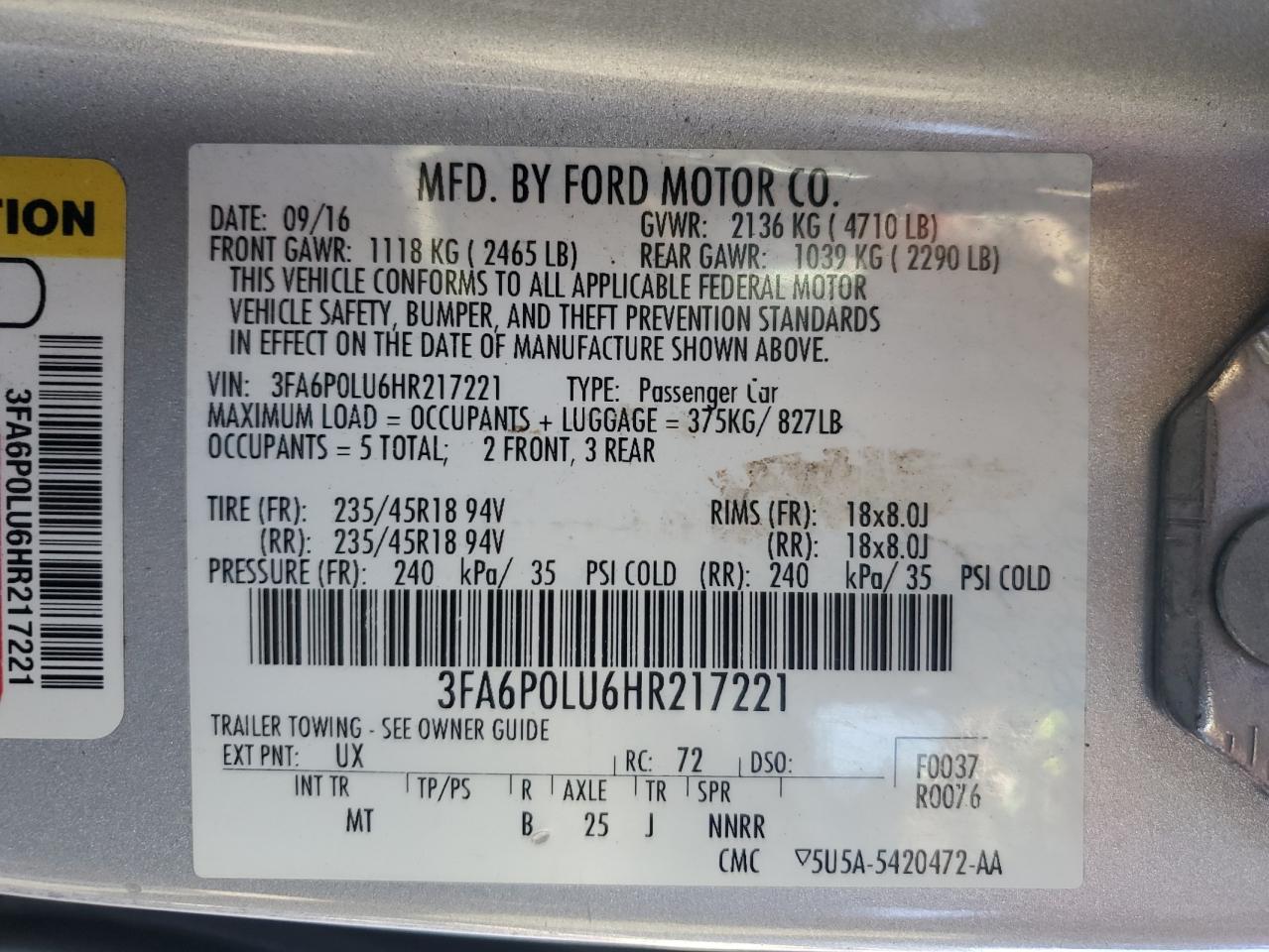 2017 Ford Fusion Se Hybrid VIN: 3FA6P0LU6HR217221 Lot: 85295285