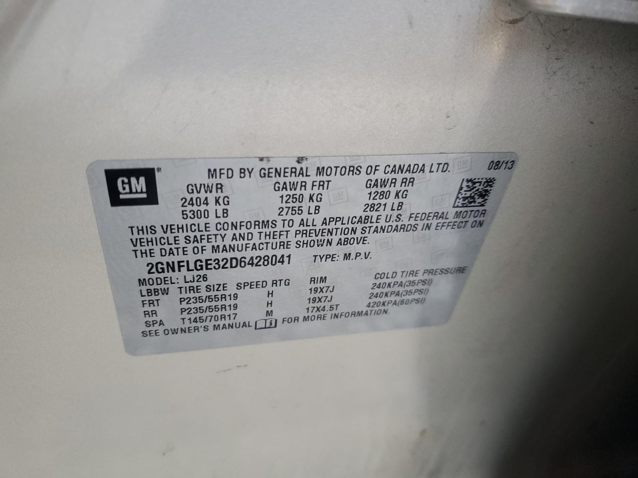 2013 Chevrolet Equinox Ltz VIN: 2GNFLGE32D6428041 Lot: 81978895