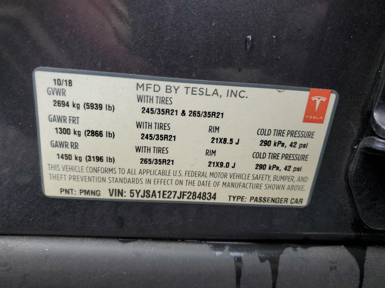2018 Tesla Model S VIN: 5YJSA1E27JF284834 Lot: 85002635