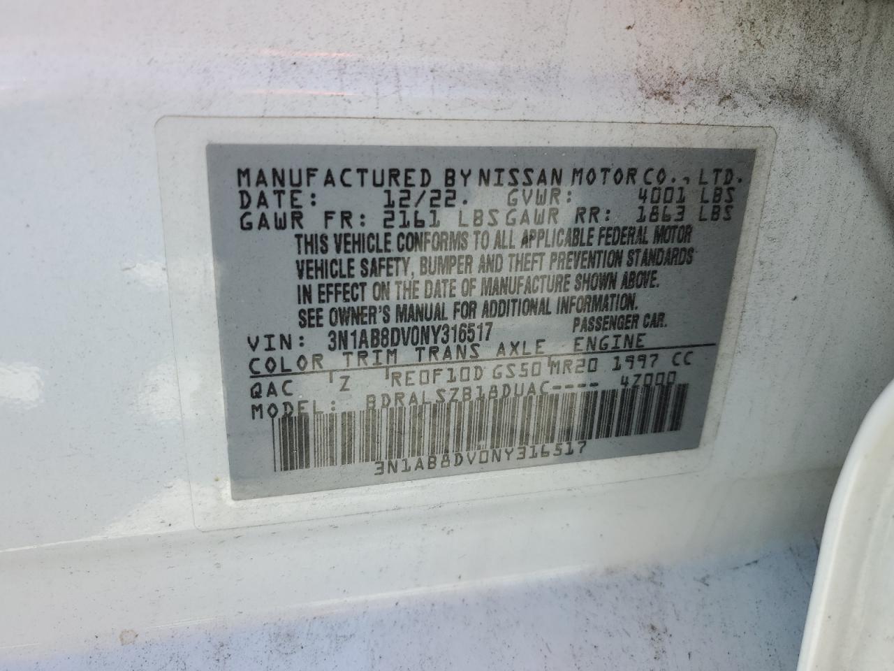 2022 Nissan Sentra Sr VIN: 3N1AB8DV0NY316517 Lot: 81870725