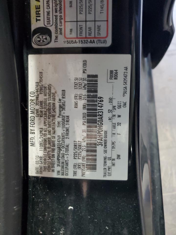 2010 Ford Fusion Se VIN: 3FAHP0HG0AR314769 Lot: 85863065