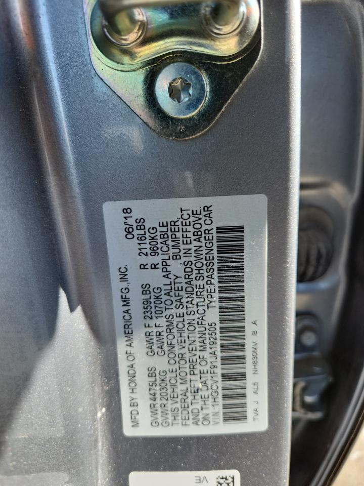 2018 Honda Accord Touring VIN: 1HGCV1F91JA192505 Lot: 85887915