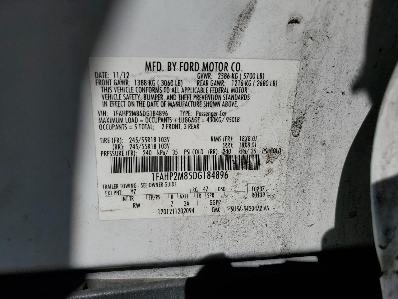 2013 Ford Taurus Police Interceptor VIN: 1FAHP2M85DG184896 Lot: 82525485