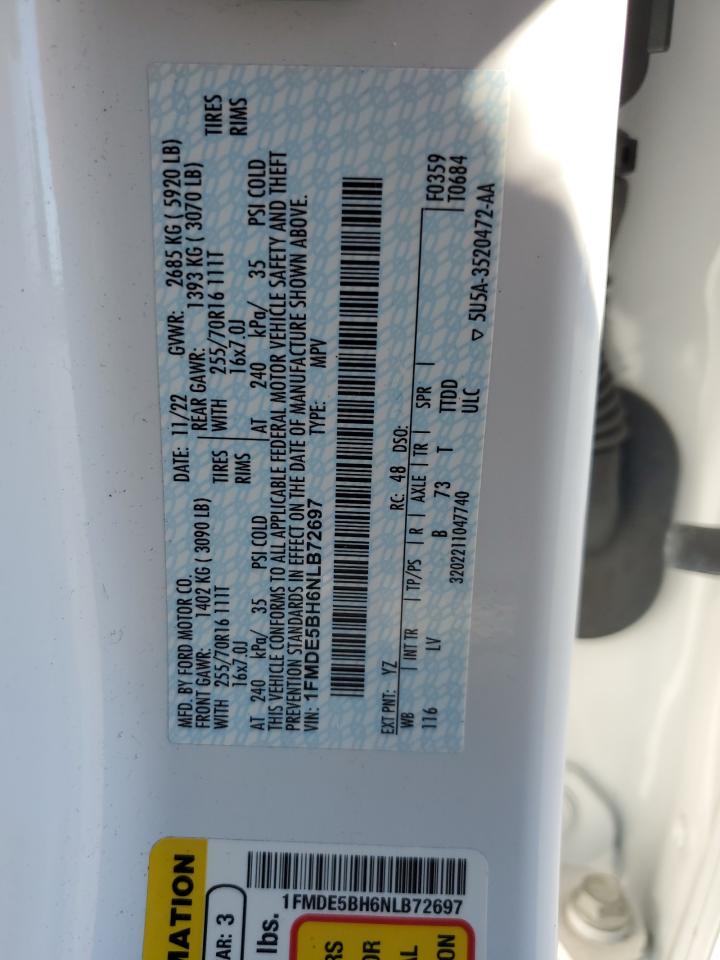 2022 Ford Bronco Base VIN: 1FMDE5BH6NLB72697 Lot: 85388465