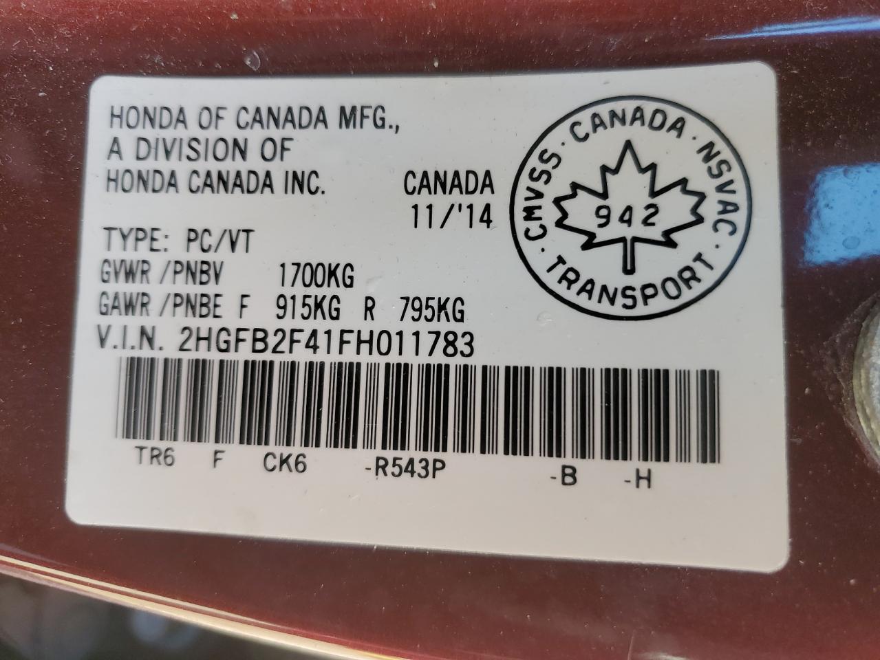 2015 Honda Civic Lx VIN: 2HGFB2F41FH011783 Lot: 85493565