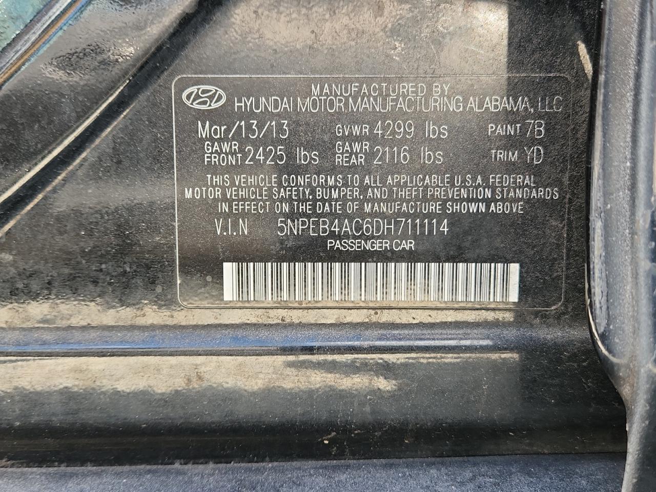 2013 Hyundai Sonata Gls VIN: 5NPEB4AC6DH711114 Lot: 85840715