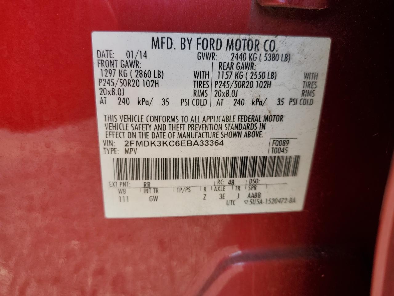 2014 Ford Edge Limited VIN: 2FMDK3KC6EBA33364 Lot: 90543675