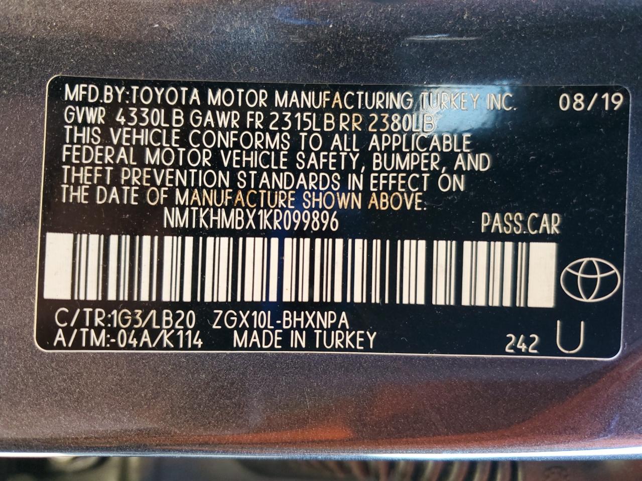 2019 Toyota C-Hr Xle VIN: NMTKHMBX1KR099896 Lot: 85150295