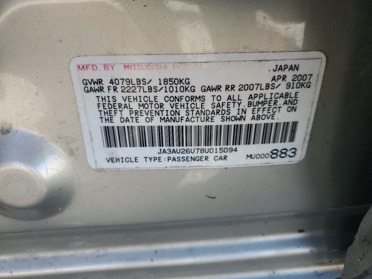 2008 Mitsubishi Lancer Es VIN: JA3AU26U78U015094 Lot: 87047275