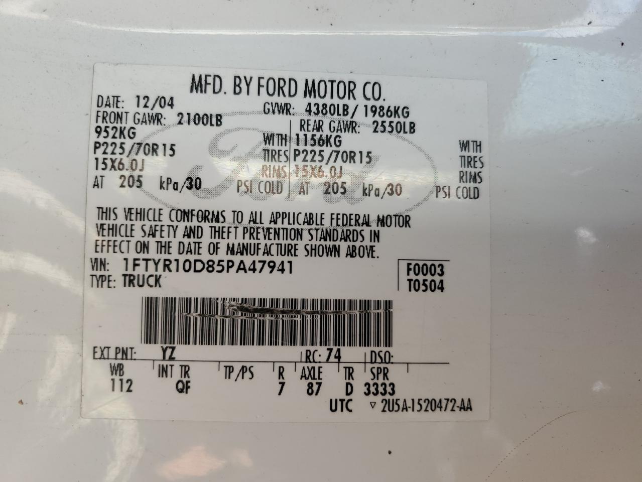 2005 Ford Ranger VIN: 1FTYR10D85PAA7941 Lot: 86265495