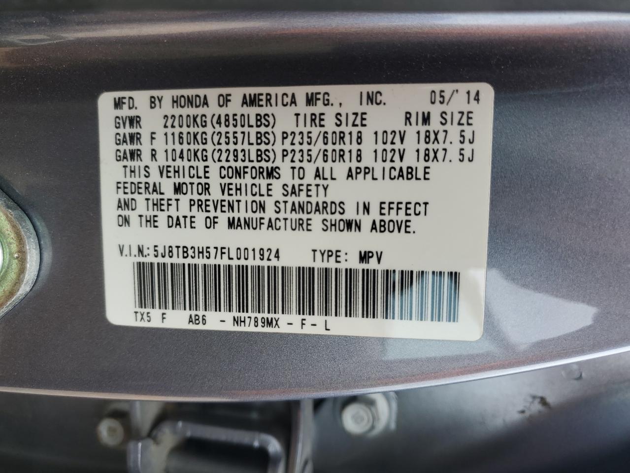 2015 Acura Rdx Technology VIN: 5J8TB3H57FL001924 Lot: 90715315