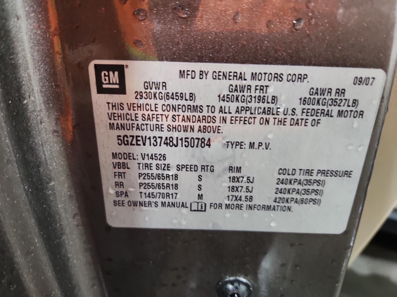 2008 Saturn Outlook Xe VIN: 5GZEV13748J150784 Lot: 84651515