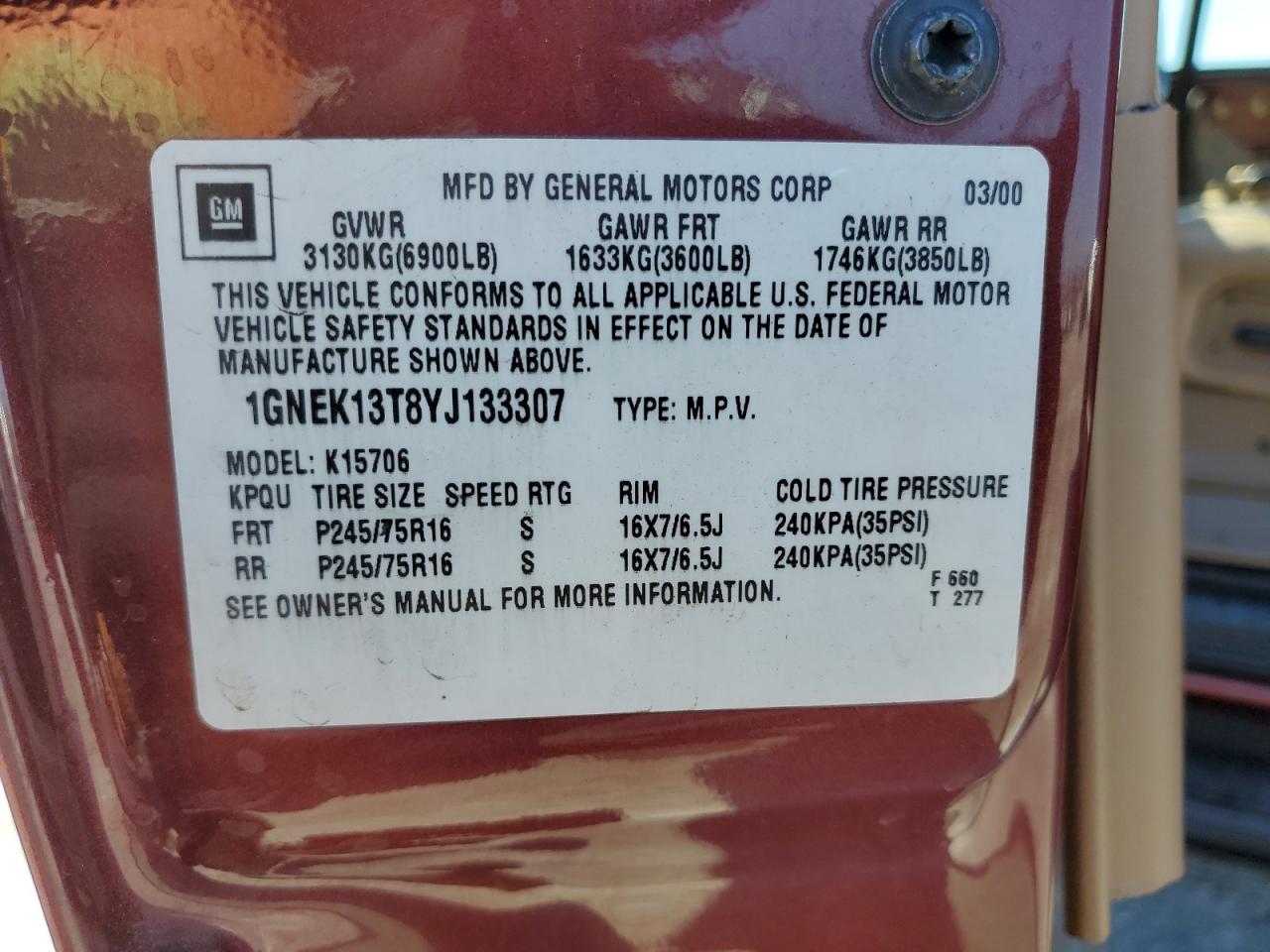 2000 Chevrolet Tahoe K1500 VIN: 1GNEK13T8YJ133307 Lot: 82277395