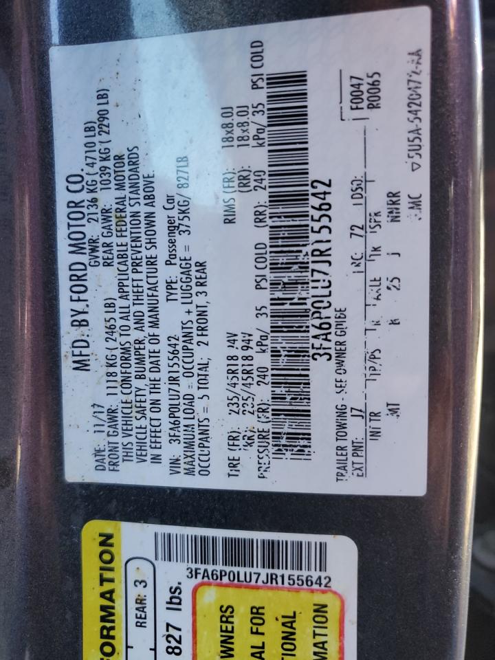 2018 Ford Fusion Se Hybrid VIN: 3FA6P0LU7JR155642 Lot: 85505885