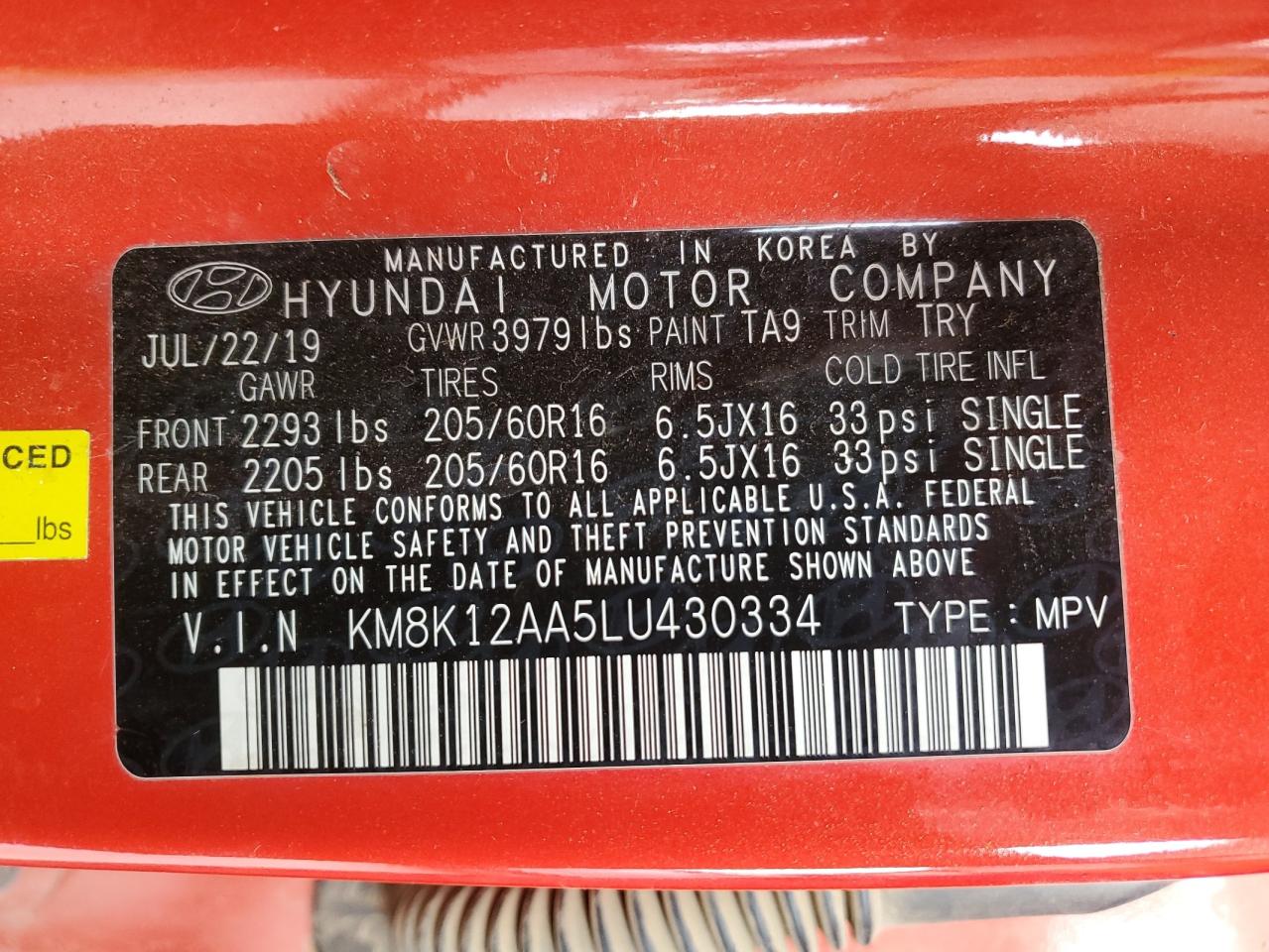 2020 Hyundai Kona Se VIN: KM8K12AA5LU430334 Lot: 86158935