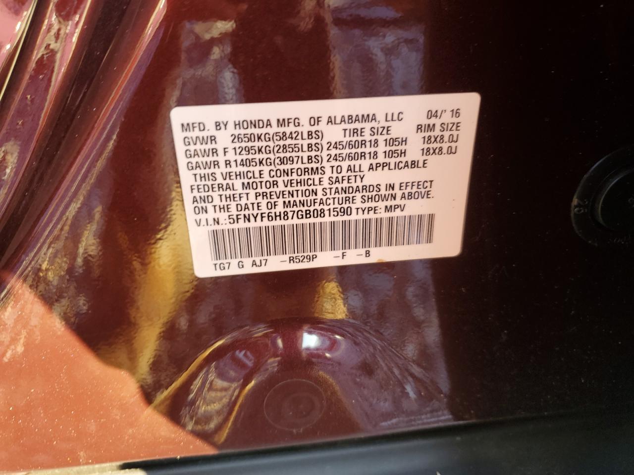 2016 Honda Pilot Exl VIN: 5FNYF6H87GB081590 Lot: 90681535