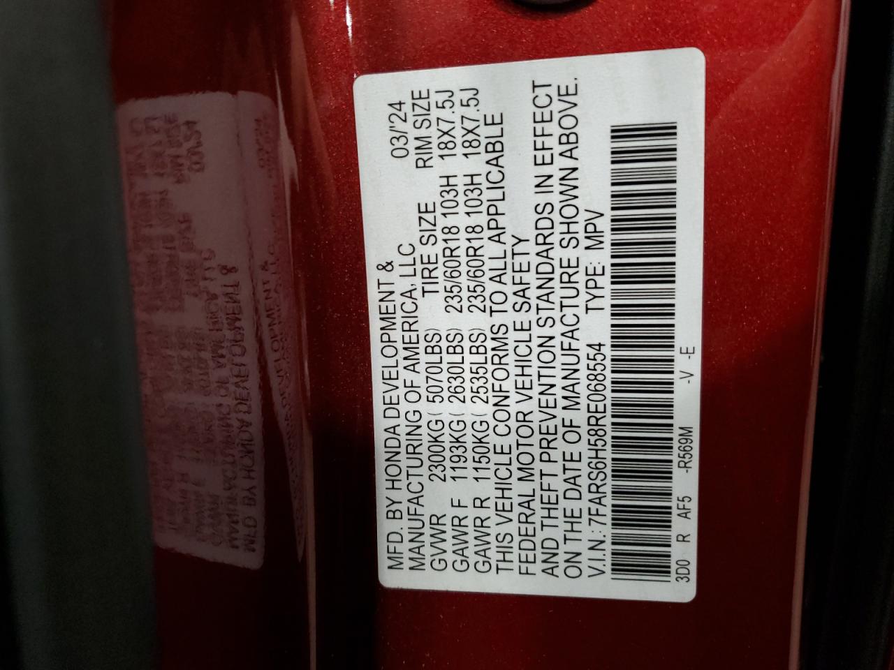 2024 Honda Cr-V Sport VIN: 7FARS6H58RE068554 Lot: 84251205