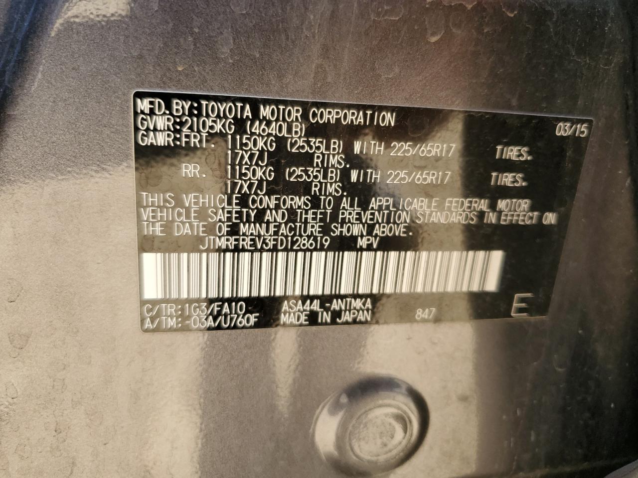 2015 Toyota Rav4 Xle VIN: JTMRFREV3FD128619 Lot: 84439445