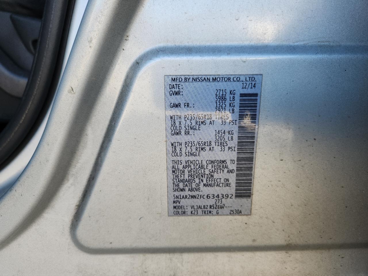 2015 Nissan Pathfinder S VIN: 5N1AR2MN2FC634392 Lot: 86448925