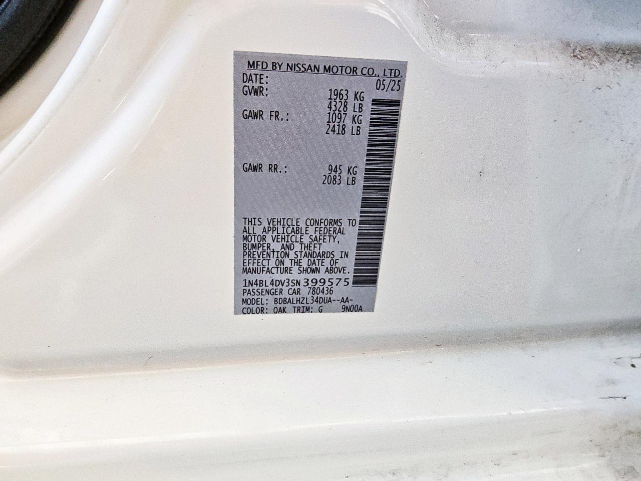 2025 Nissan Altima Sv VIN: 1N4BL4DV3SN399575 Lot: 85586075