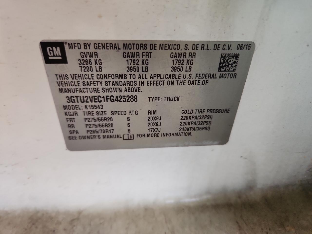 2015 GMC Sierra K1500 Slt VIN: 3GTU2VEC1FG425288 Lot: 85570025