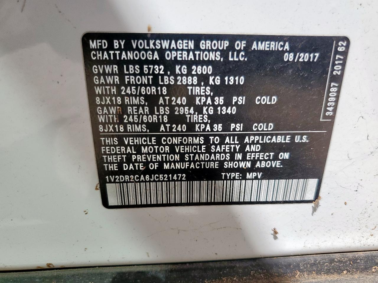 2018 Volkswagen Atlas Se VIN: 1V2DR2CA6JC521472 Lot: 81830205