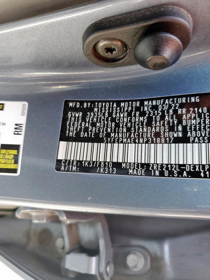 2022 Toyota Corolla Le VIN: 5YFEPMAE4NP318817 Lot: 82255845