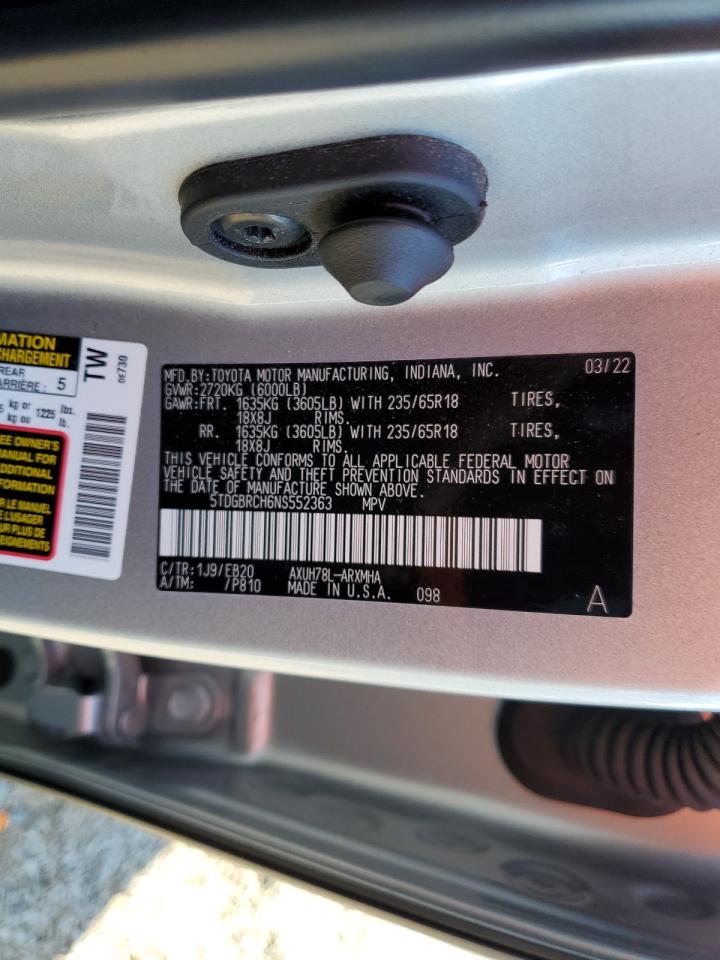 2022 Toyota Highlander Hybrid Xle VIN: 5TDGBRCH6NS552363 Lot: 85730545