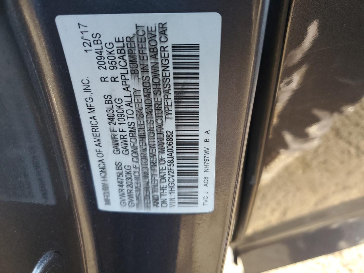 2018 Honda Accord Exl VIN: 1HGCV2F58JA006882 Lot: 81962775