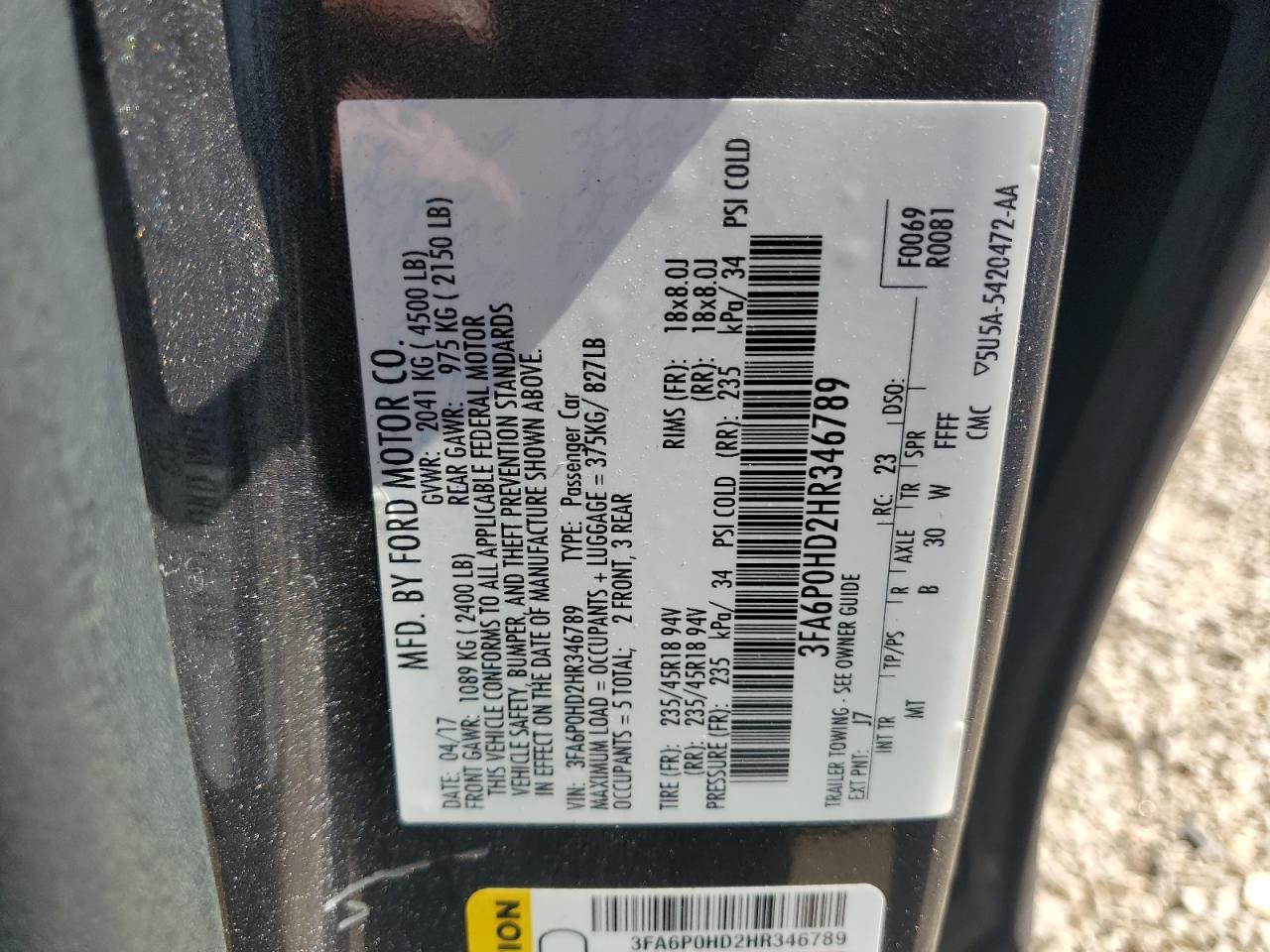 2017 Ford Fusion Se VIN: 3FA6P0HD2HR346789 Lot: 85749625