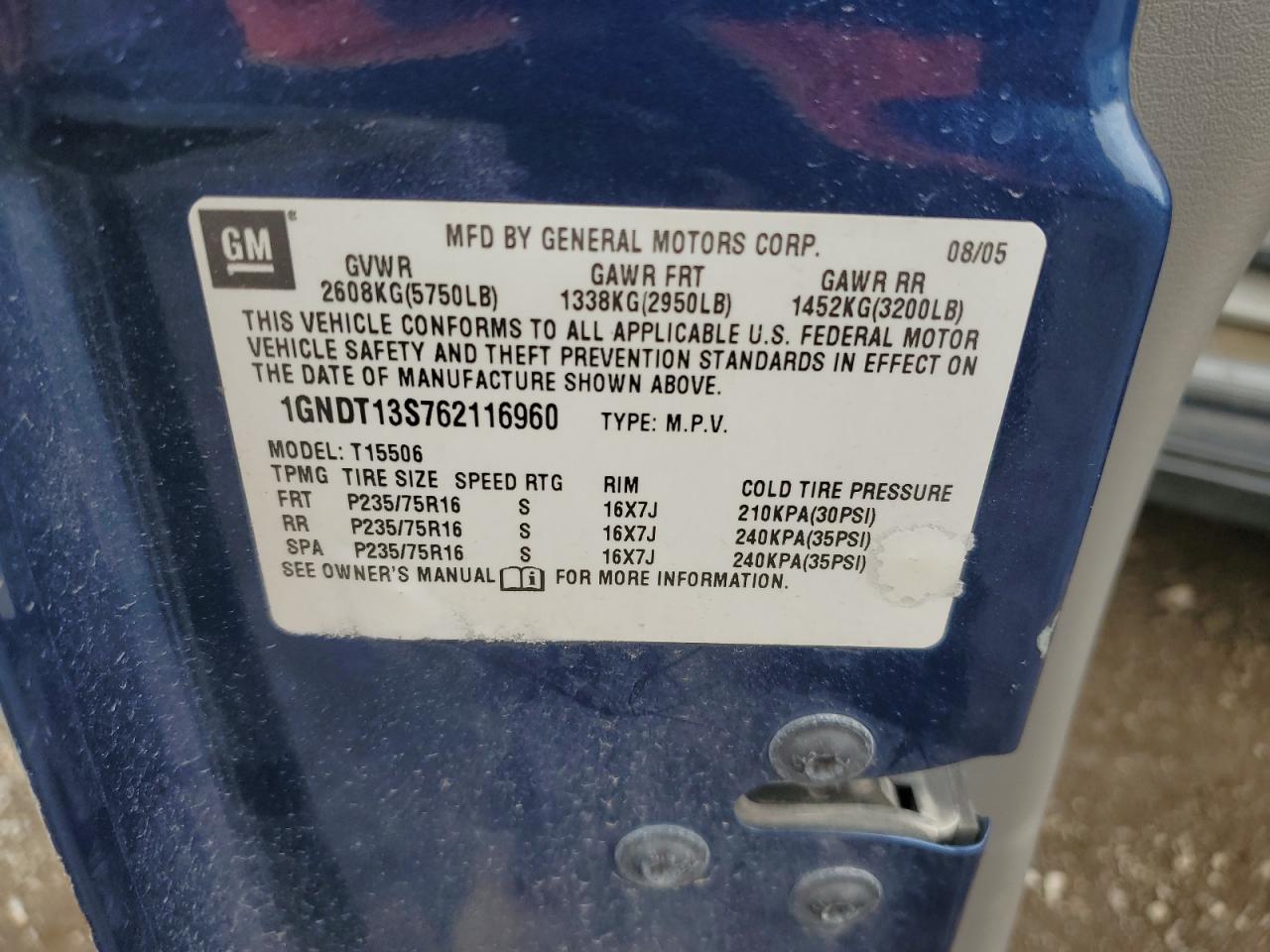 2006 Chevrolet Trailblazer Ls VIN: 1GNDT13S762116960 Lot: 90873275