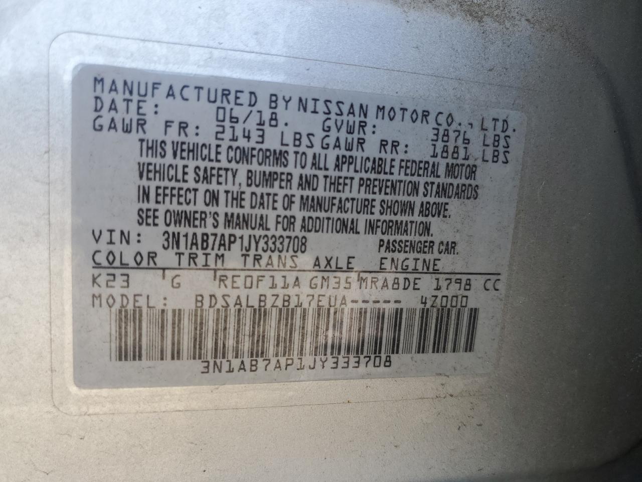 2018 Nissan Sentra S VIN: 3N1AB7AP1JY333708 Lot: 85530295