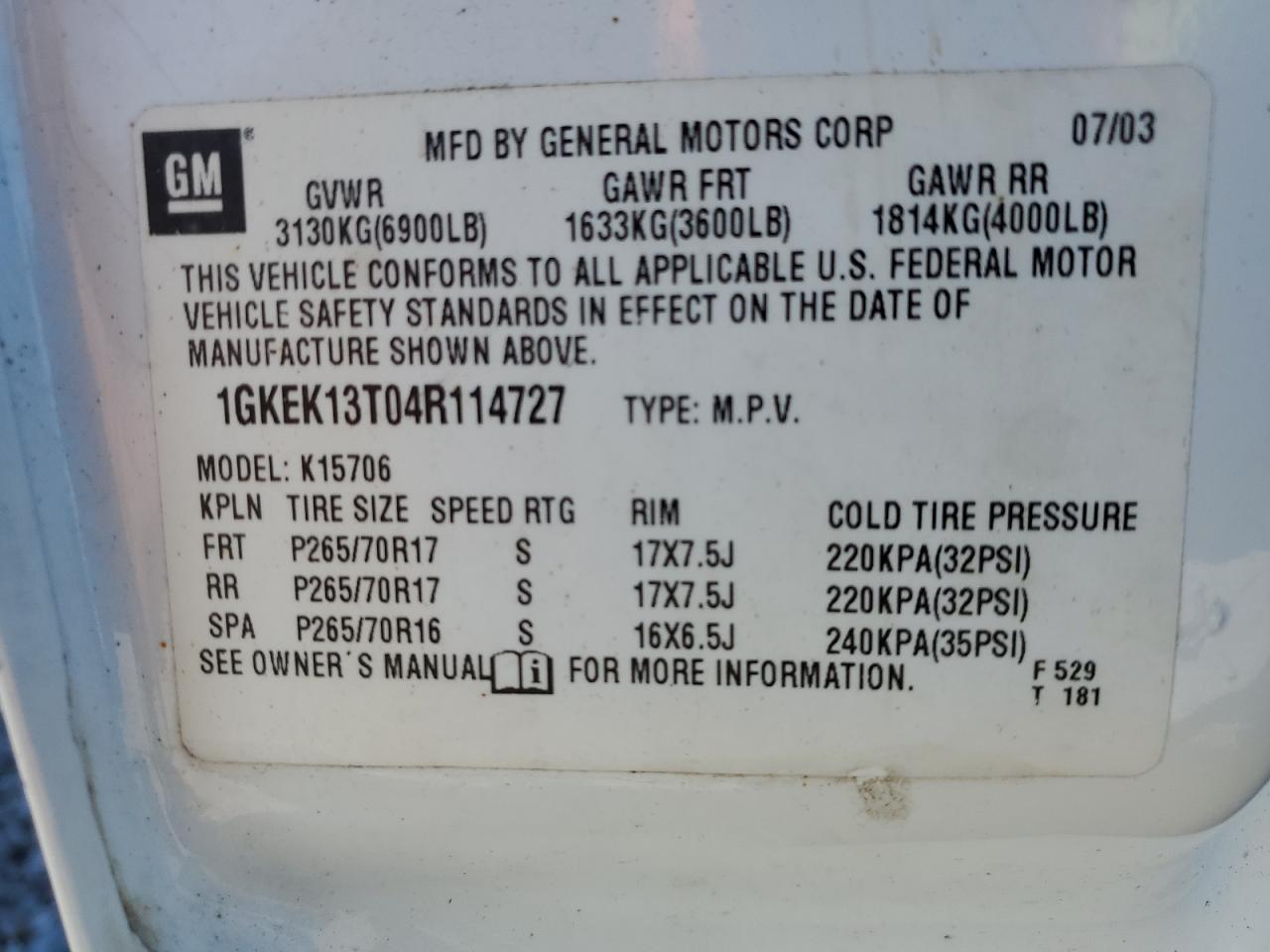 2004 GMC Yukon VIN: 1GKEK13T04R114727 Lot: 82332925