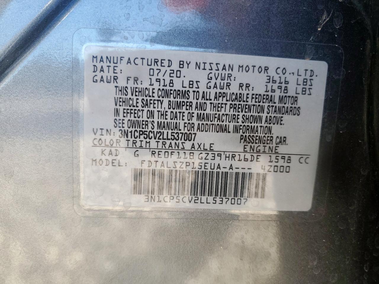 2020 Nissan Kicks Sv VIN: 3N1CP5CV2LL537007 Lot: 90514315