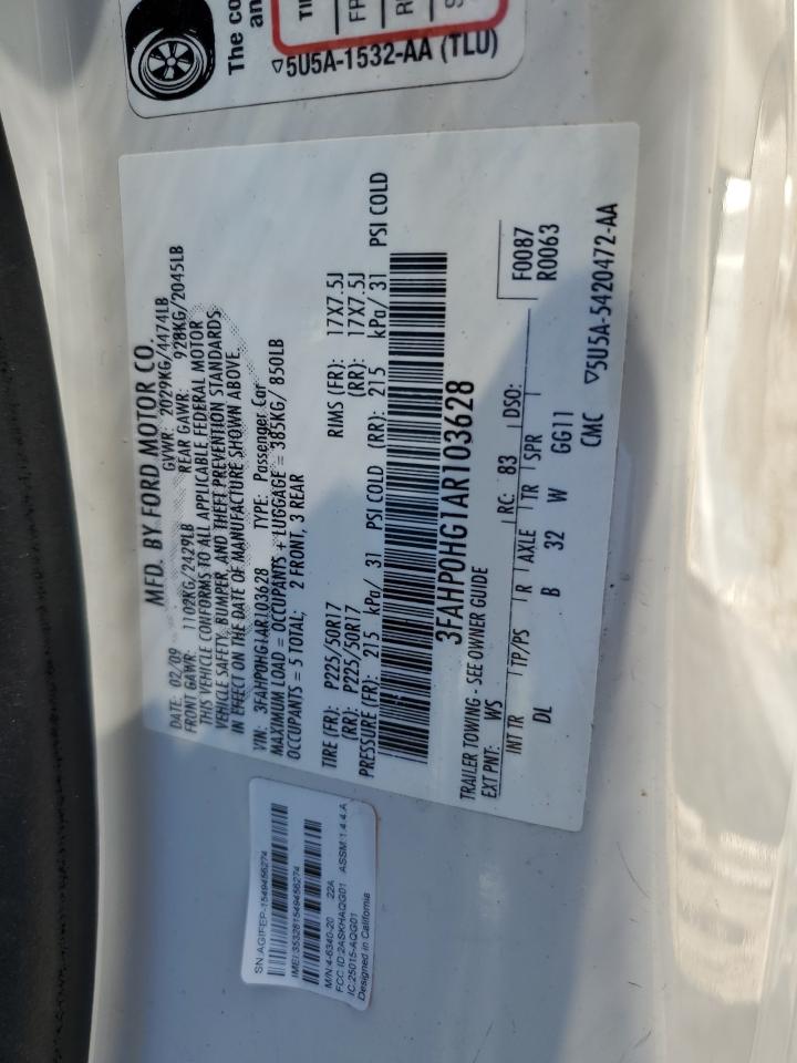 2010 Ford Fusion Se VIN: 3FAHP0HG1AR103628 Lot: 86220685