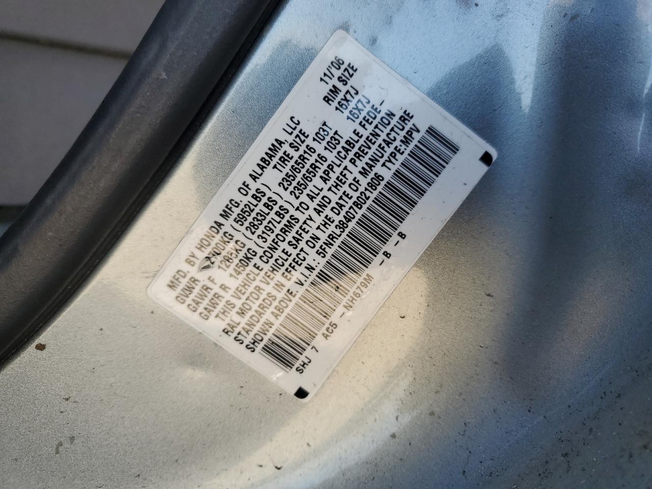 2007 Honda Odyssey Ex VIN: 5FNRL38407B021806 Lot: 85103535