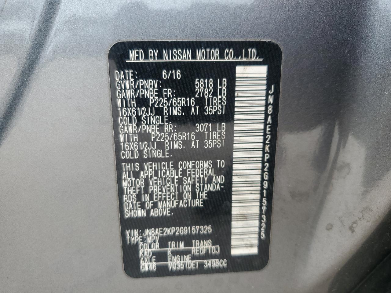 2016 Nissan Quest S VIN: JN8AE2KP2G9157325 Lot: 85689525